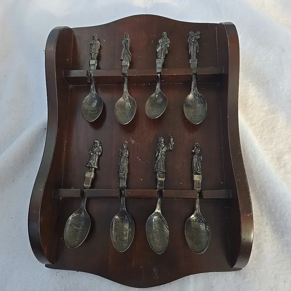 • CHARLES DICKENS CHRISTMAS CAROL SPOON SET (8) with Wooden Display Plaque